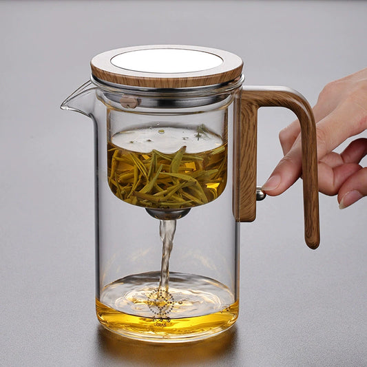 600ml Tea-Water Separation Glass Teapot – Press-Control Magical Teapot with Wooden Handle
