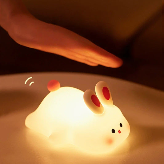 Cute Big Face Rabbit Night Light – Soft Silicone Bunny Lamp, 3-Level Dimmable, Squishy Touch, Rechargeable Bedside Light for Nursing & Kids