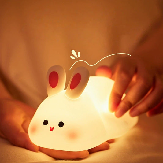 Cute Big Face Rabbit Night Light – Soft Silicone Bunny Lamp, 3-Level Dimmable, Squishy Touch, Rechargeable Bedside Light for Nursing & Kids
