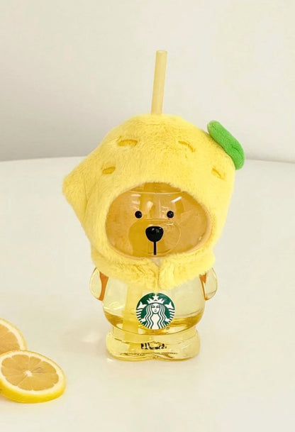 Starbucks 2025 Summer “Fruit Adventure” Collection – Cute Lemon-Hood Teddy Bear 3D Glass Tumbler with Straw, 460ml