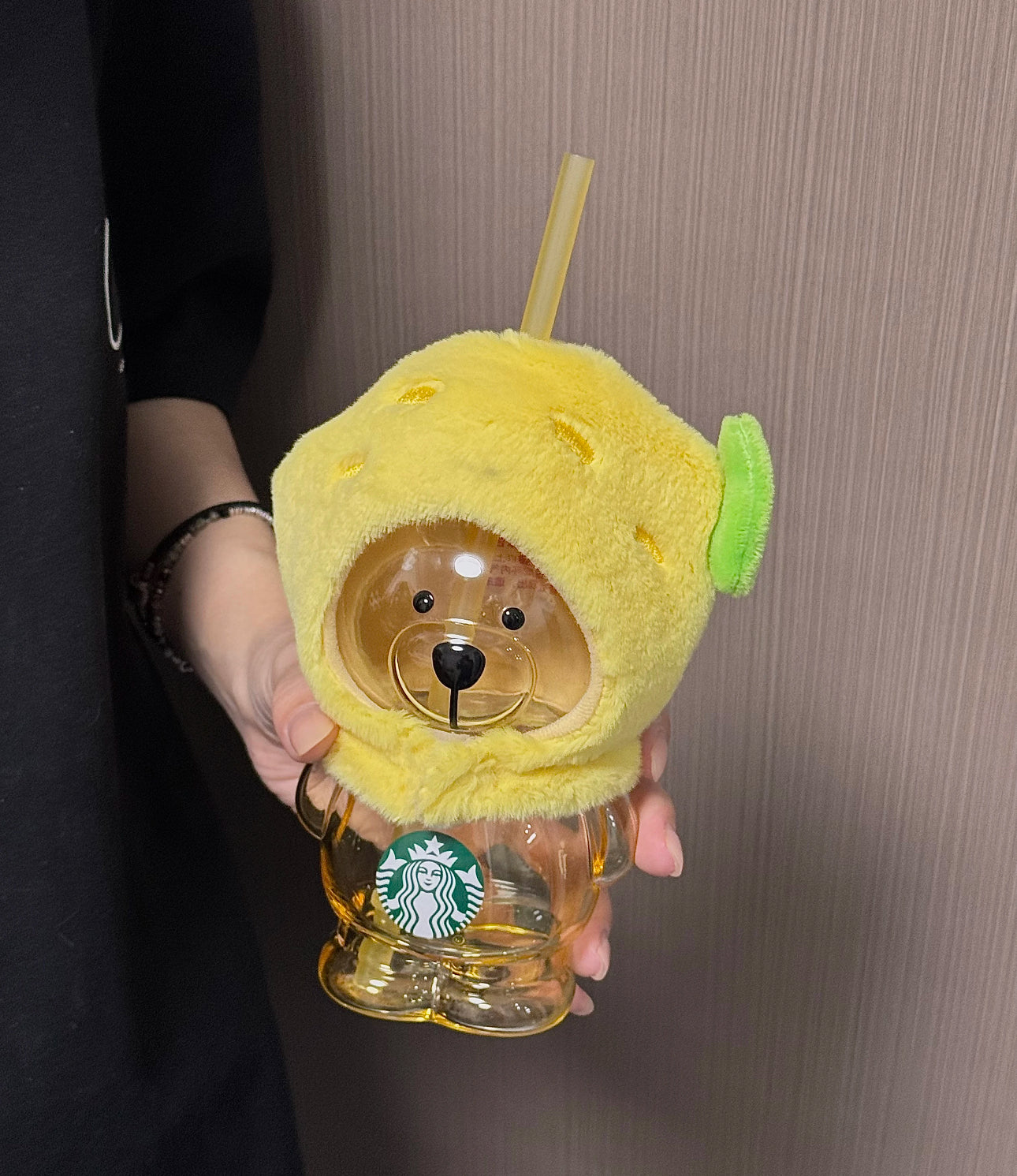 Starbucks 2025 Summer “Fruit Adventure” Collection – Cute Lemon-Hood Teddy Bear 3D Glass Tumbler with Straw, 460ml