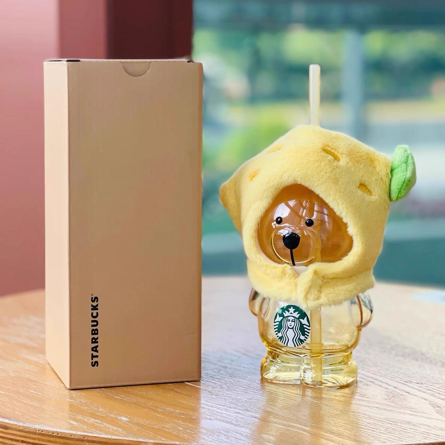 Starbucks 2025 Summer “Fruit Adventure” Collection – Cute Lemon-Hood Teddy Bear 3D Glass Tumbler with Straw, 460ml