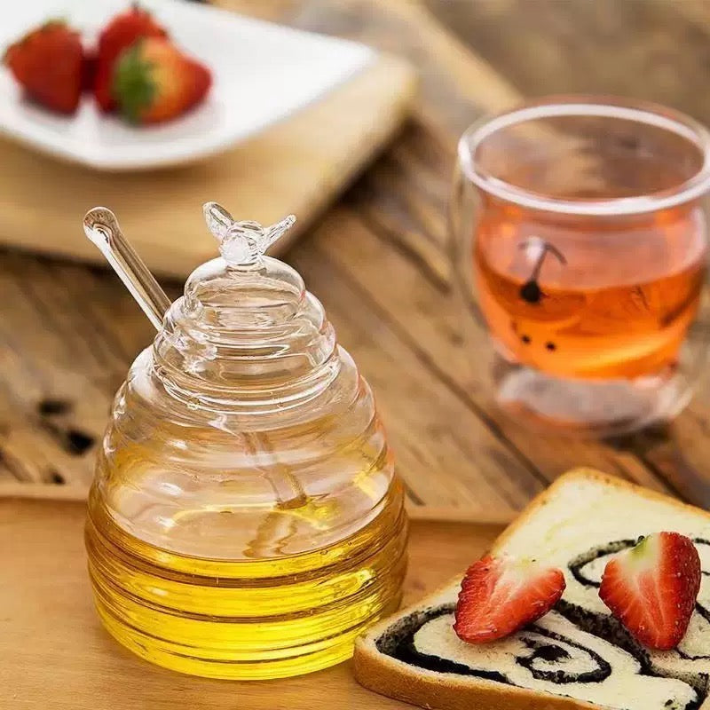 Creative 500ml Glass Honey Jar with Dipper | Transparent Beehive Honey Pot for Kitchen & Home Decor 500ml