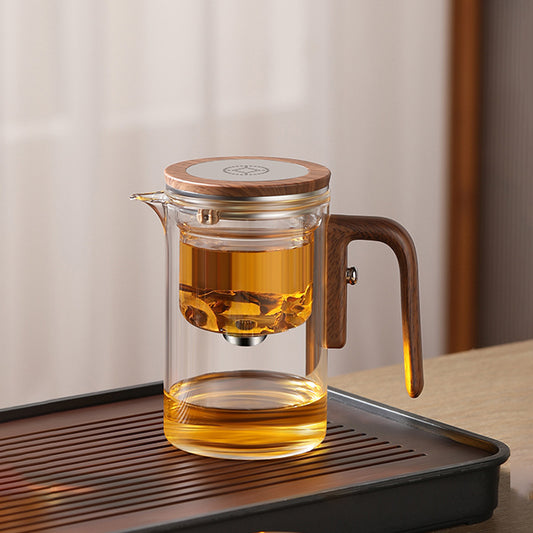 600ml Tea-Water Separation Glass Teapot – Press-Control Magical Teapot with Wooden Handle